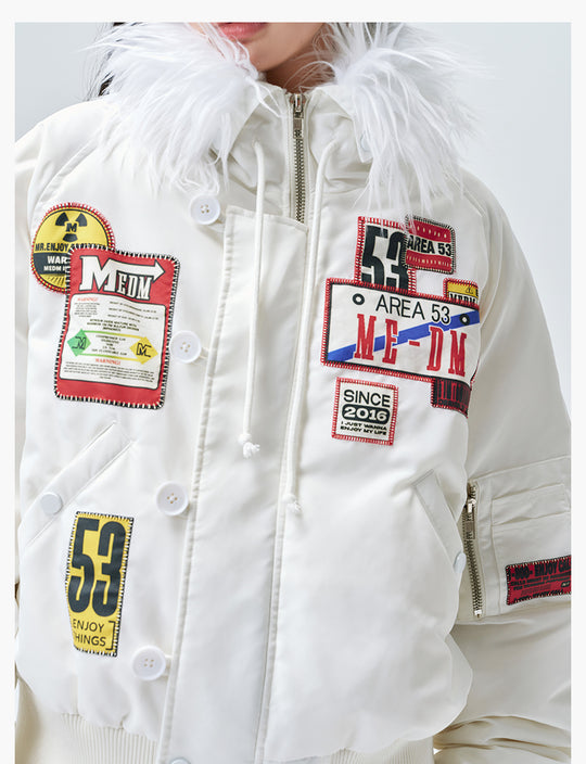 MEDM License Plate Patch Fur-Hooded MA-1 Bomber Jacket | Face 3 Face