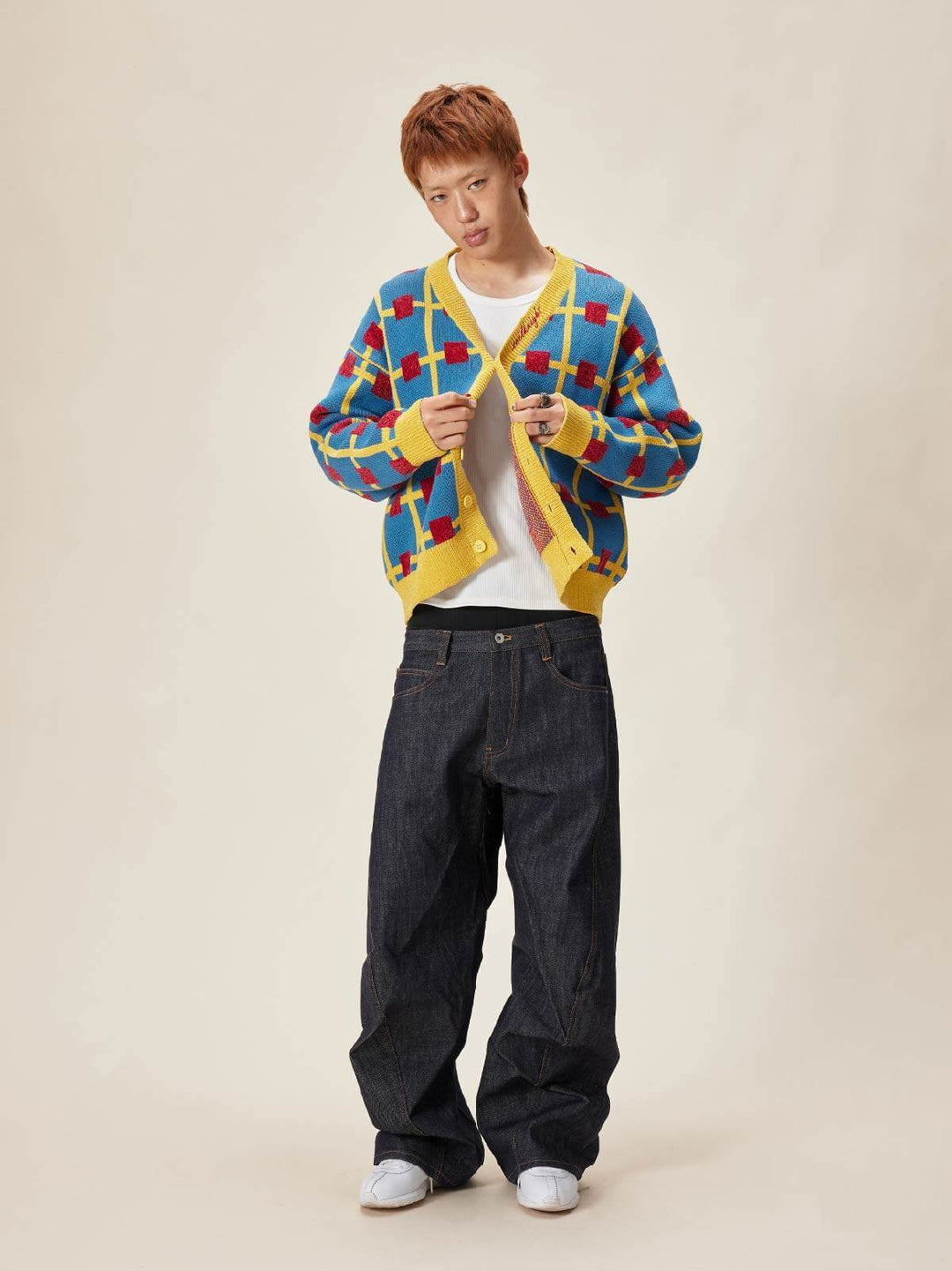 EVILKNIGHT(EK) Multicolor Checkerboard Knit Cardigan