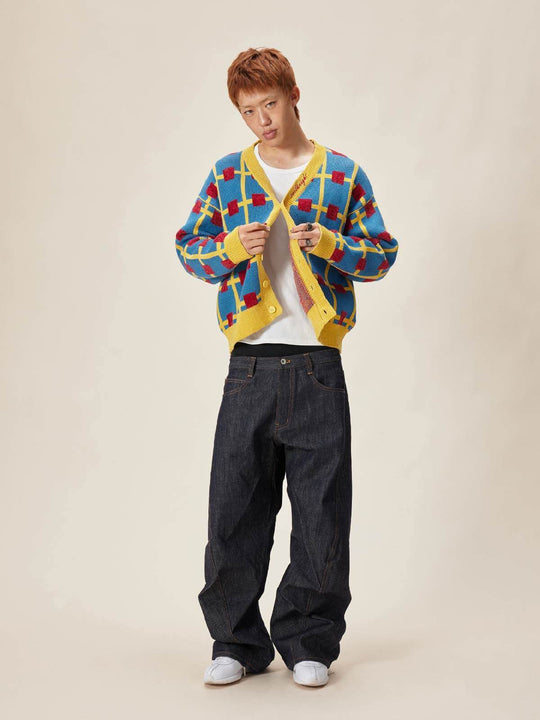 EVILKNIGHT(EK) Multicolor Checkerboard Knit Cardigan