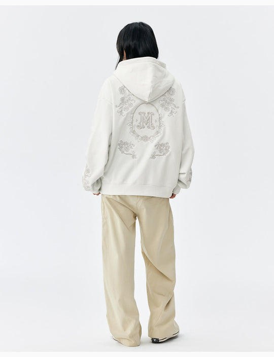 MEDM Patterned Flower Embroidered Zip Up Hoodie | Face 3 Face