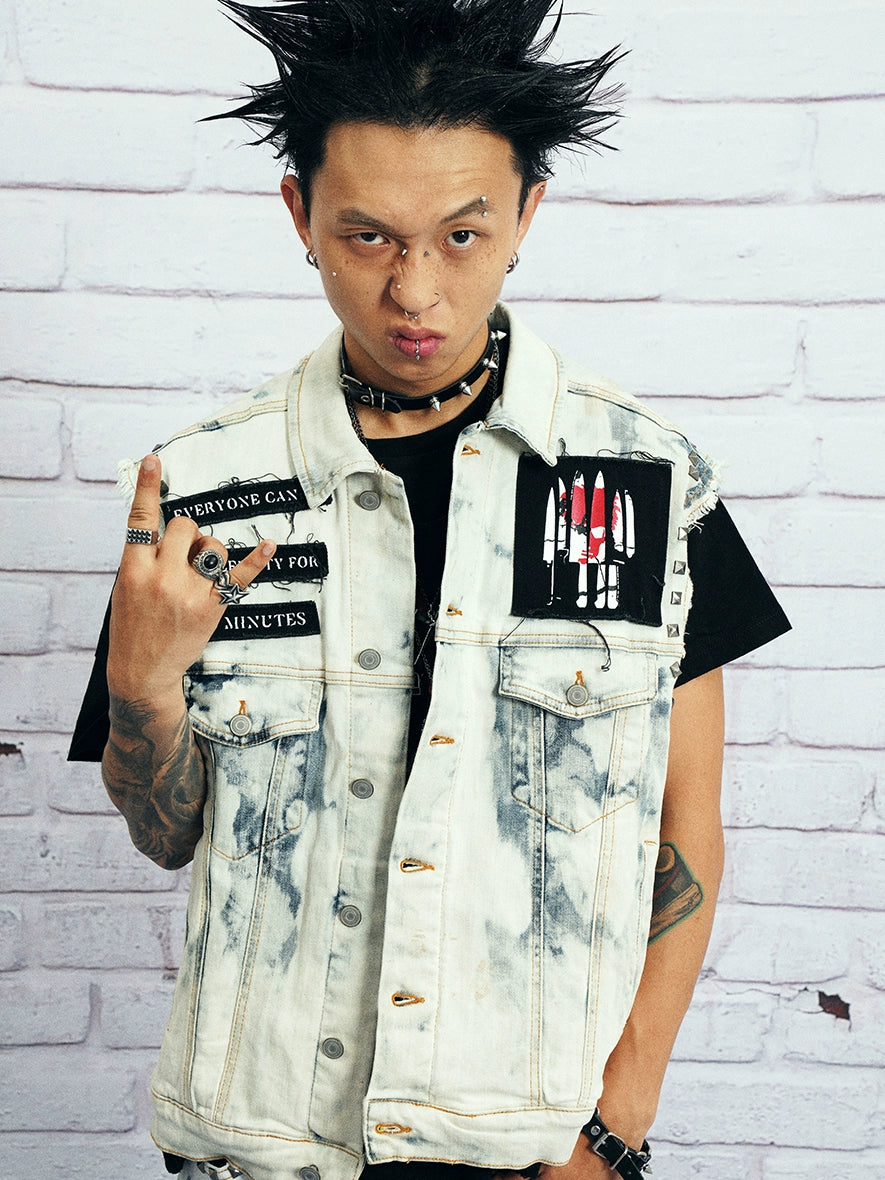 VENTUREK Bleach Wash Patch Rivet Denim Vest | Face 3 Face