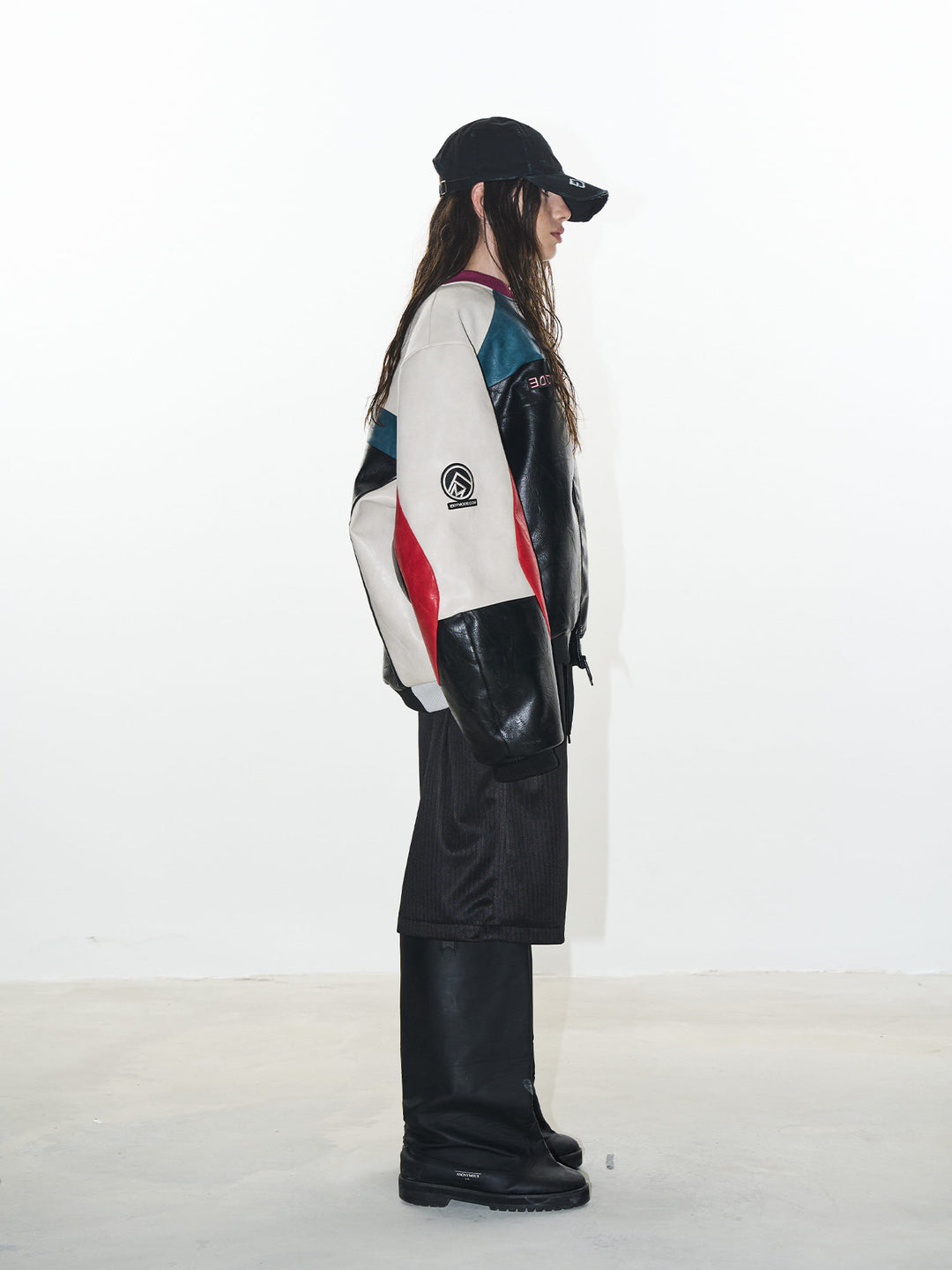 BLIND NO PLAN Colorblocked Embroidered Racing Leather Jacket | Face 3 Face