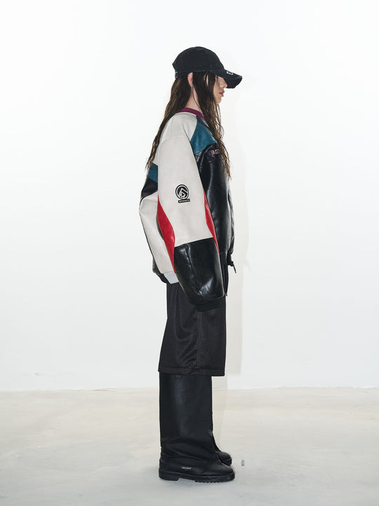 BLIND NO PLAN Colorblocked Embroidered Racing Leather Jacket | Face 3 Face