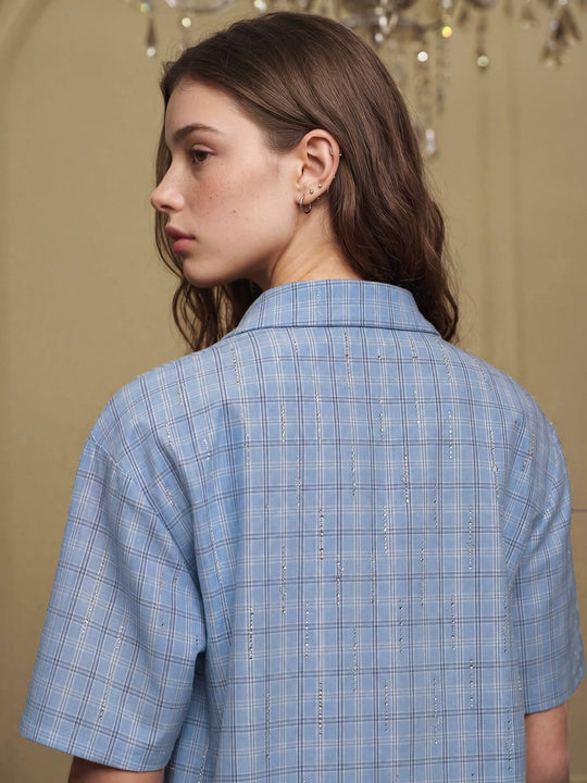 YADcrew All Over Rhinestone Plaid Short Sleeve Shirt | Face 3 Face