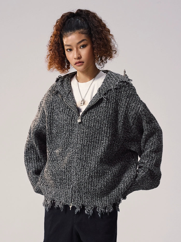 Remedy Distressed Hooded Zipper Knit Cardigan | Face 3 Face