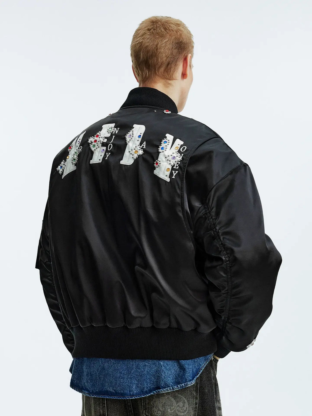 MEDM Gemstone Studded Leather Patch MA-1 Bomber Jacket | Face 3 Face