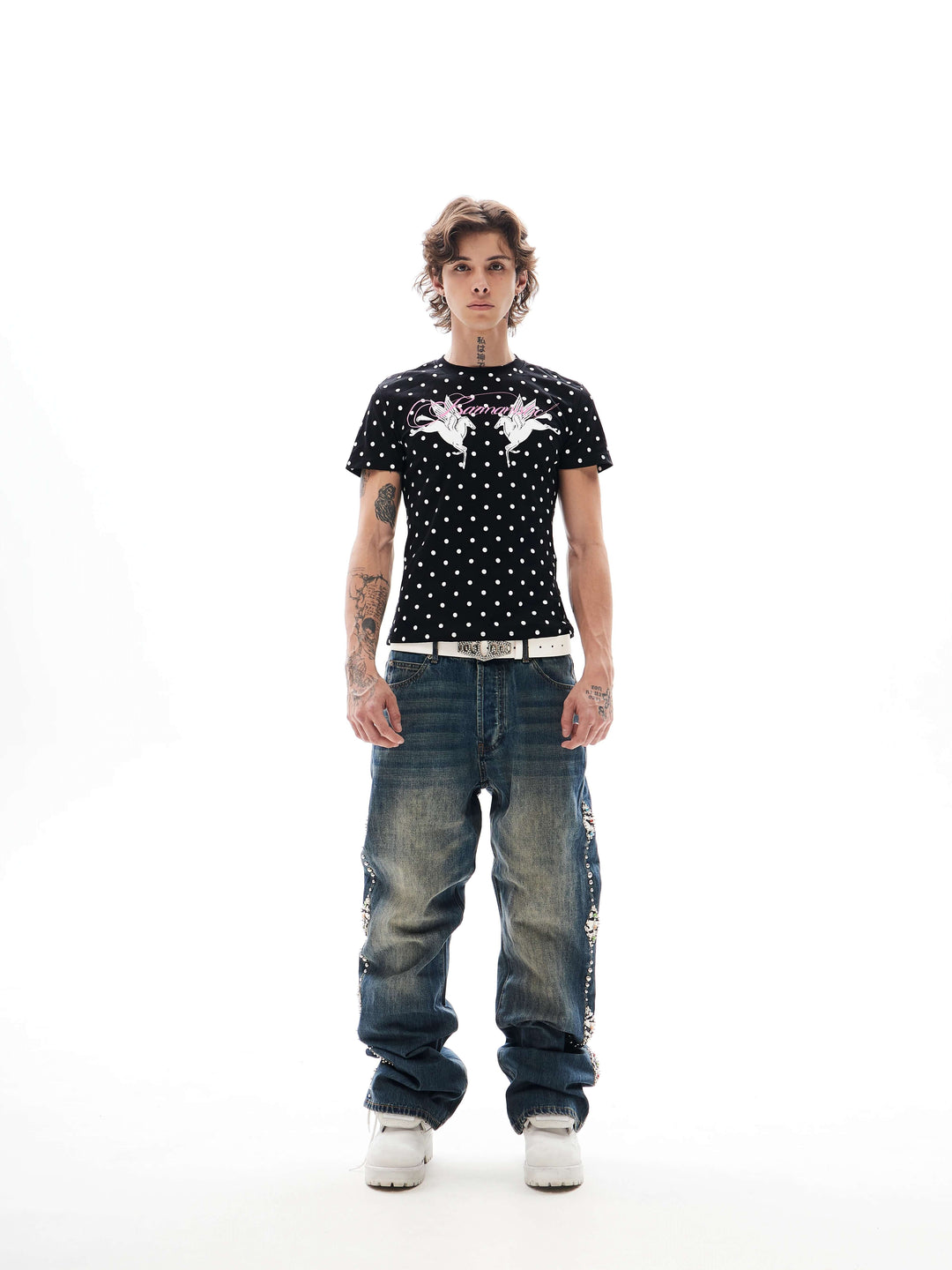 KARMANISTIC Studded Crystal and Leather Side Design Washed Jeans | Face 3 Face