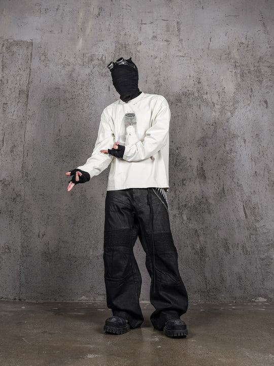 UNDERWATER White Aged Wash Destroyed Portrait Print Long Sleeve Tee | Face 3 Face