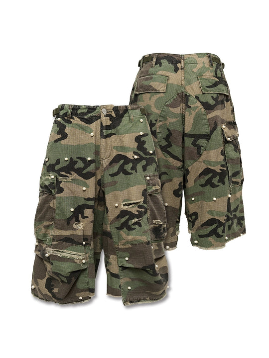 STEEPC M-65 Pearl Embellished Camouflage Baggy Cargo Shorts | Face 3 Face