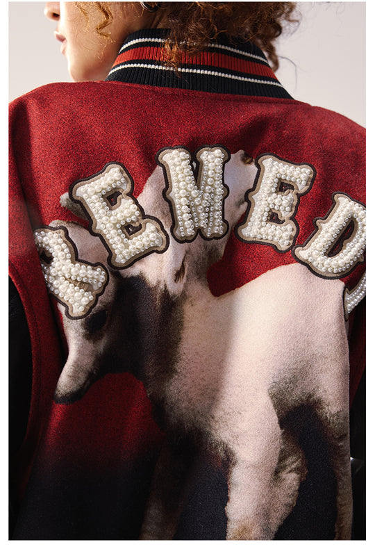 Remedy Sheep Full Print Pearl Embroidered Varsity Jacket | Face 3 Face