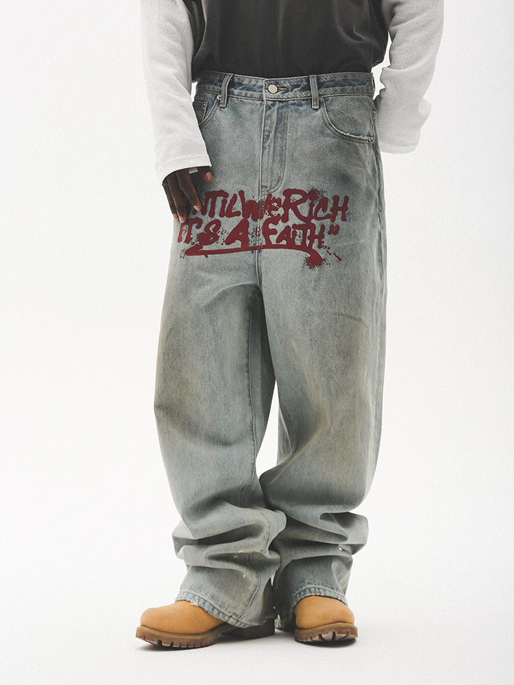 UNTILWERICH Dirty Wash Graffiti Print Jeans | Face 3 Face