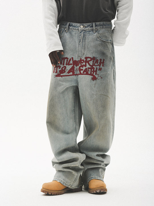 UNTILWERICH Dirty Wash Graffiti Print Jeans | Face 3 Face