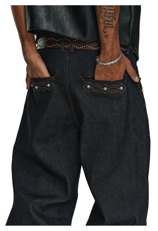 ANTIDOTE Turquoise Studded Embroidered Western Jeans | Face 3 Face