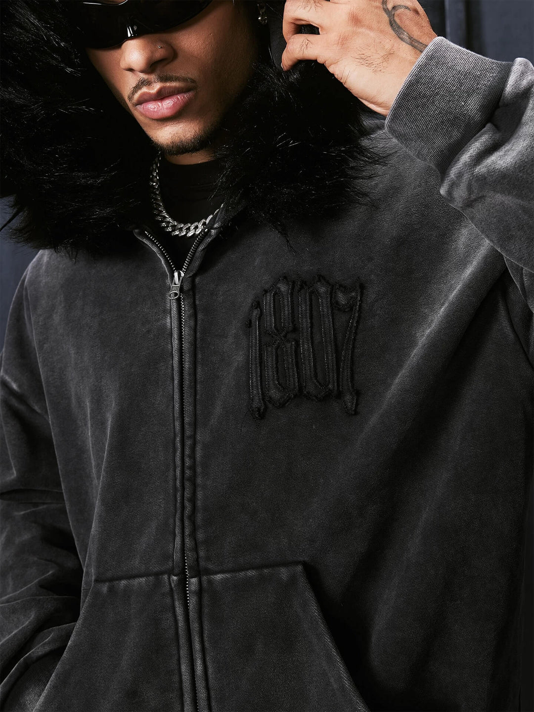1807 Faux Fur Hood Trim Washed Zip Up Hoodie | Face 3 Face