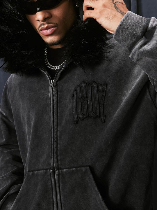 1807 Faux Fur Hood Trim Washed Zip Up Hoodie | Face 3 Face