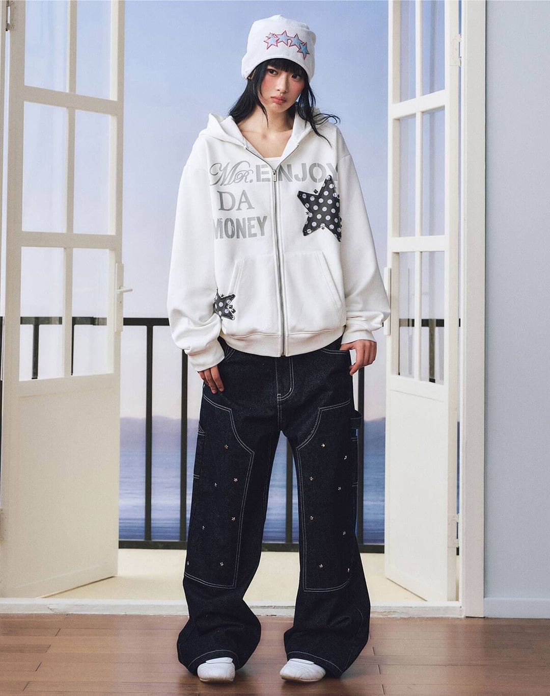 MEDM Dot Pattern Star Patch Studded Zip Up Hoodie | Face 3 Face