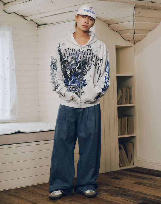 MEDM Skeleton Angel Graphic Print Distressed Zip Up Hoodie | Face 3 Face