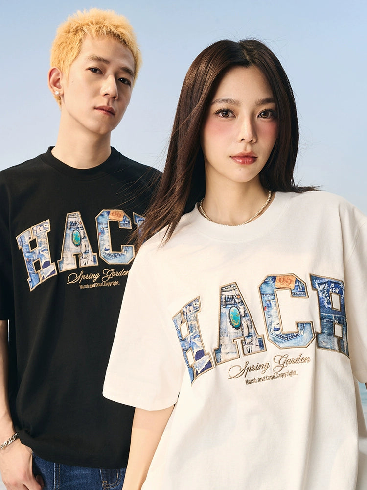 Harsh and Cruel HACR Turquoise Denim Patch Embroidered Tee | Face 3 Face