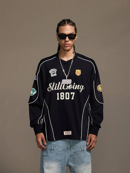 1807 Patchwork Print V Neck Long Sleeve Hockey Jersey | Face 3 Face