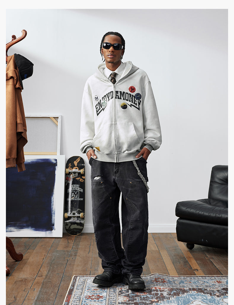 MEDM Gradient Washed Logo Print Embroidered Patch Zip-Up Hoodie | Face 3 Face