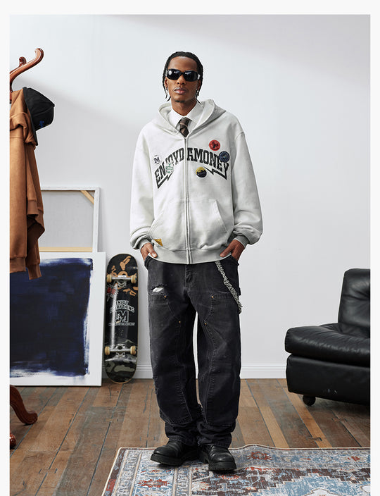 MEDM Gradient Washed Logo Print Embroidered Patch Zip-Up Hoodie | Face 3 Face