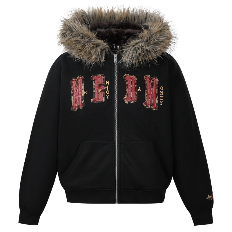 MEDM Faux Fur Lined Hooded Fur Zip Up Jacket | Face 3 Face
