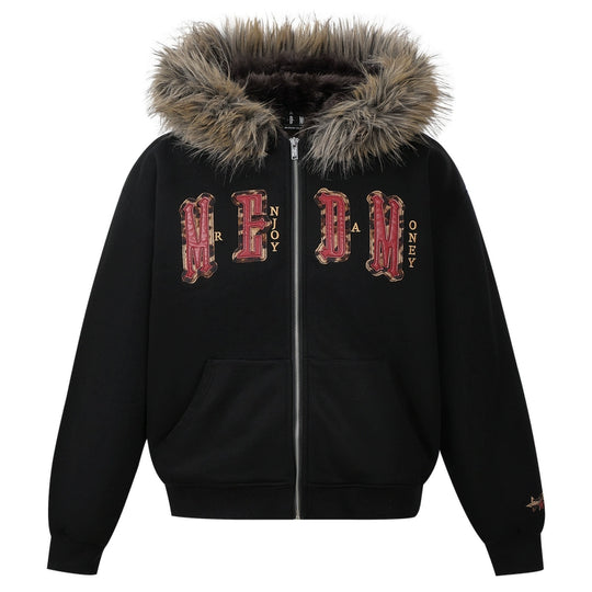 MEDM Faux Fur Lined Hooded Fur Zip Up Jacket | Face 3 Face