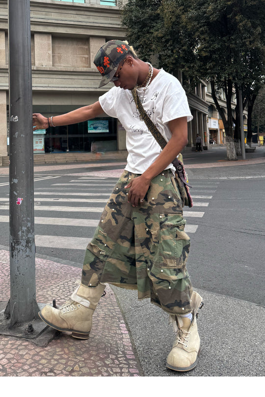 STEEPC M-65 Pearl Embellished Camouflage Baggy Cargo Shorts | Face 3 Face