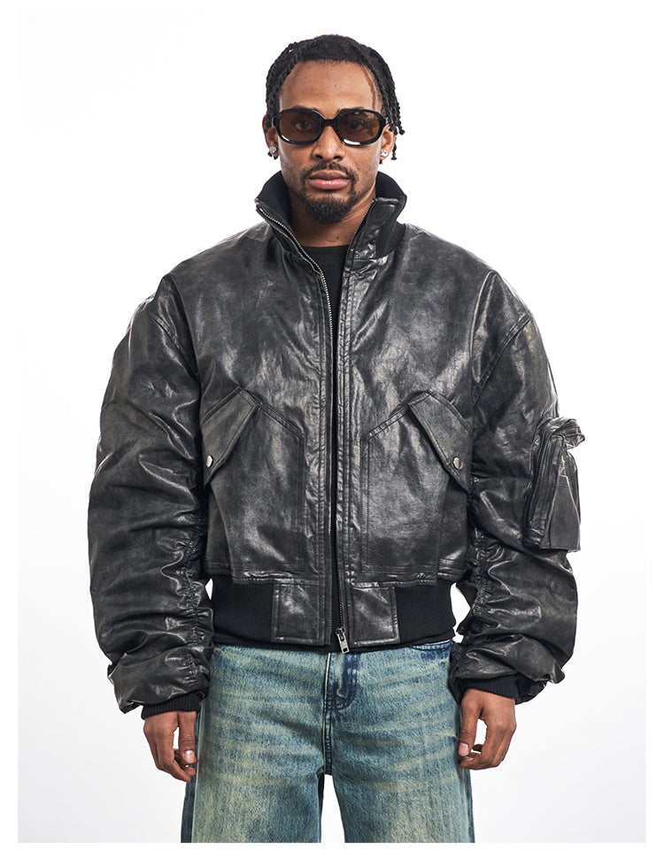 F3F Select Big Arm Pockets PU Leather MA-1 Bomber Jacket | Face 3 Face