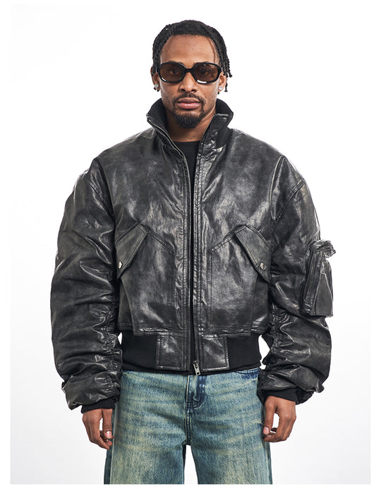 F3F Select Big Arm Pockets PU Leather MA-1 Bomber Jacket | Face 3 Face