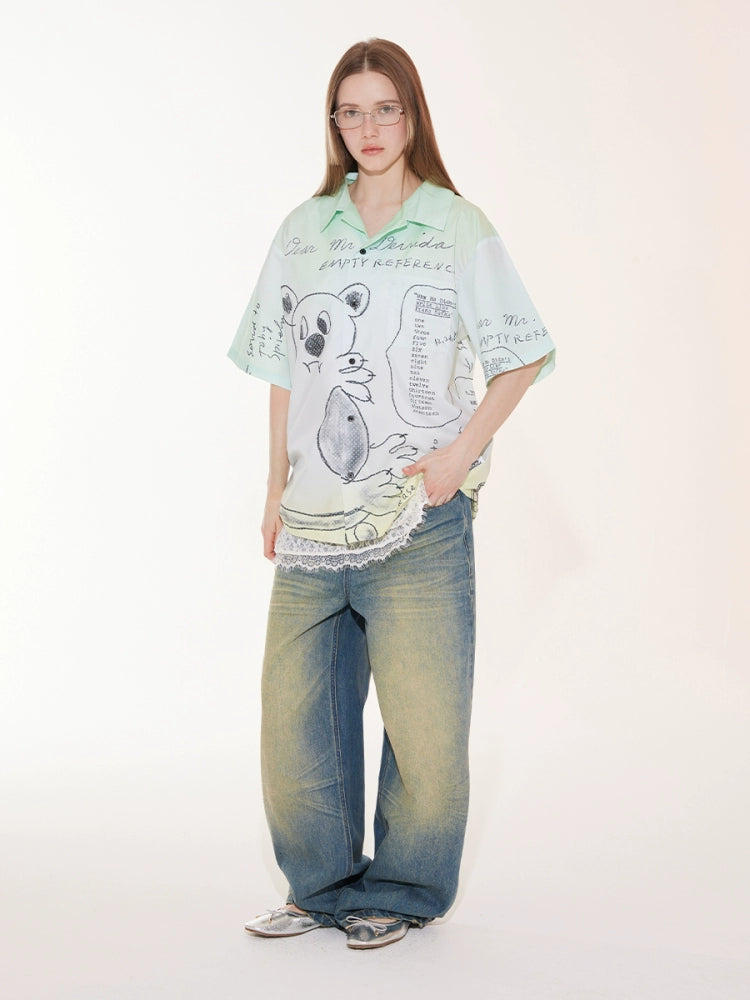 EMPTY REFERENCE Hand Painted Bear Print Gradient Short Sleeve Shirt | Face 3 Face