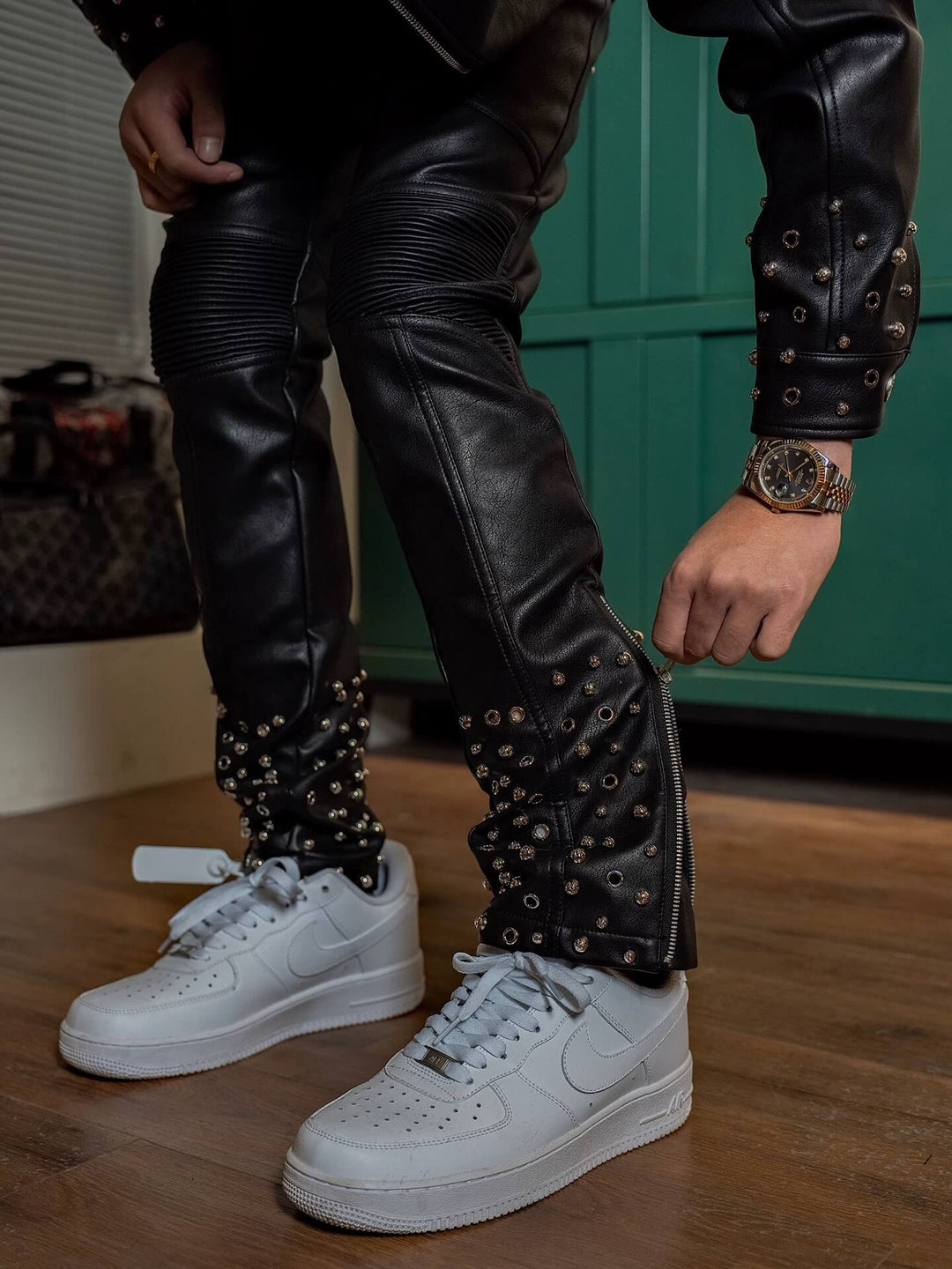 TGFCLUB Embossed Studded Slim Fit PU Leather Pants | Face 3 Face