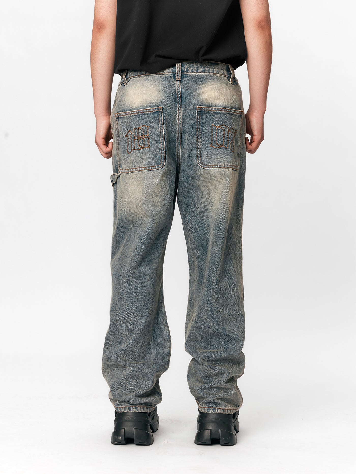 1807 Gothic Font Embroidery Distressed Vintage Jeans | Face 3 Face