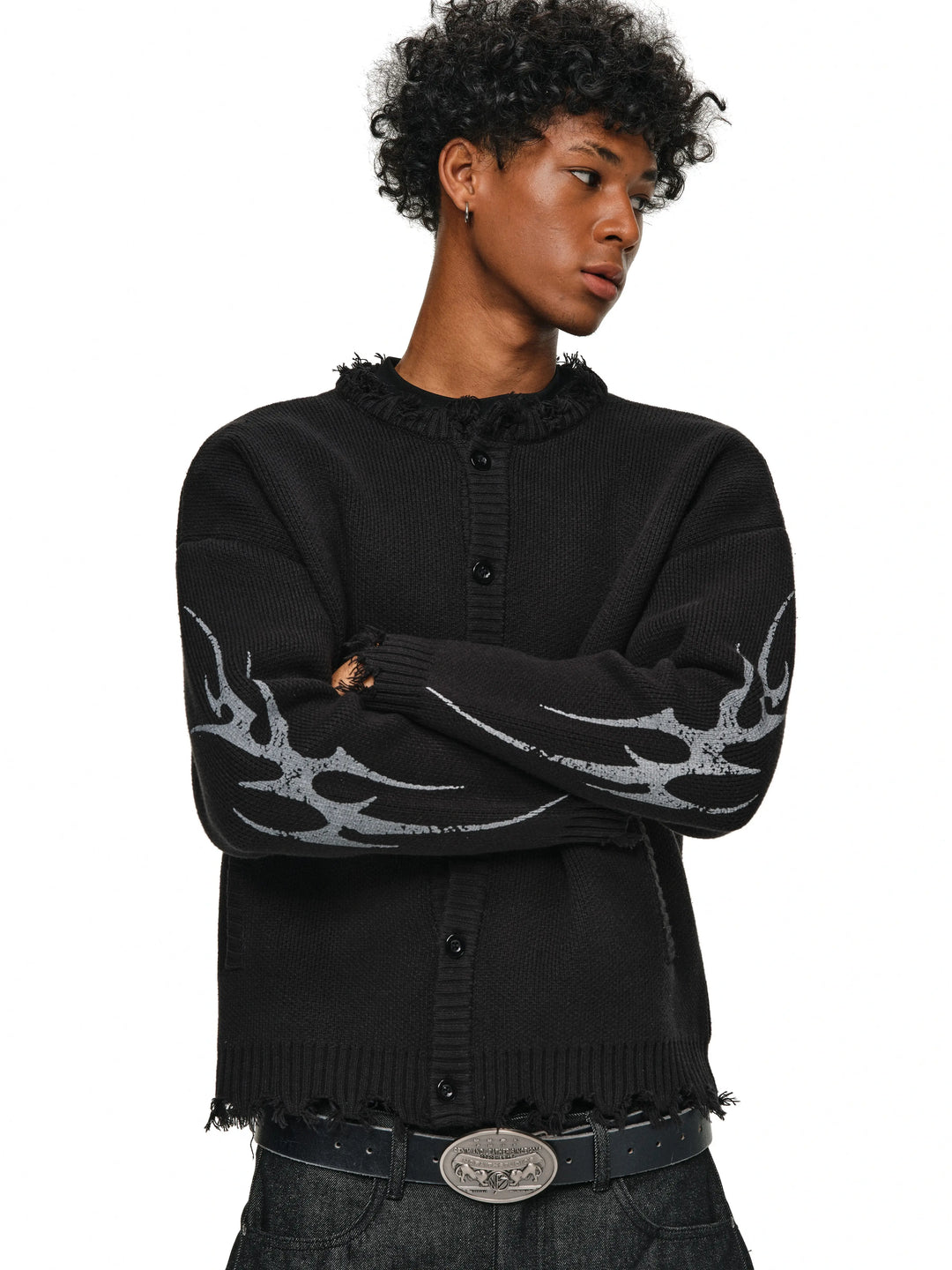 ANTIDOTE Distressed Frayed Tribal Print Knit Cardigan | Face 3 Face