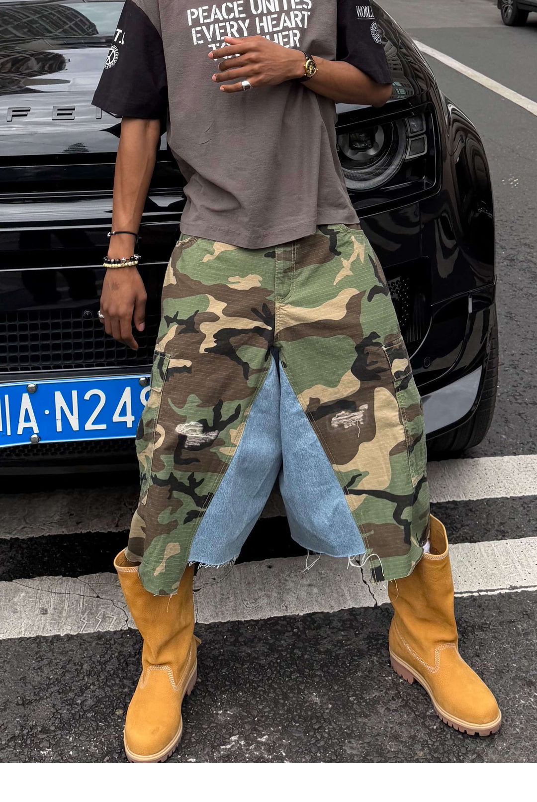 STEEPC M65 Camouflage Denim Rework Patchwork Baggy Cargo Shorts | Face 3 Face