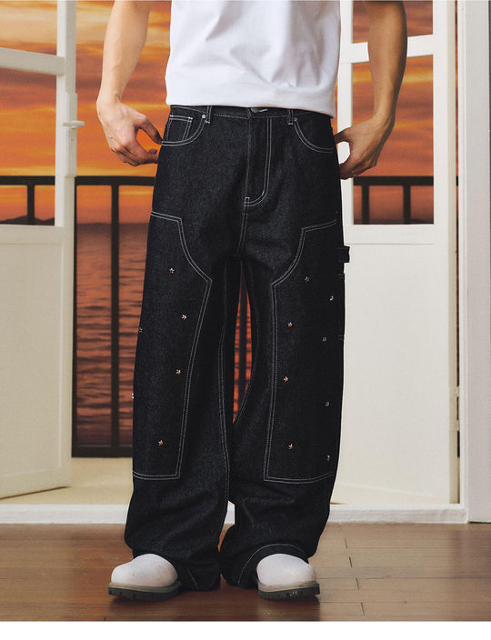MEDM Star Studded Double Knee Baggy Jeans | Face 3 Face