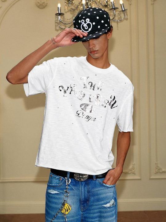 YADcrew Silver Logo Print All Over Rhinestone Tee | Face 3 Face