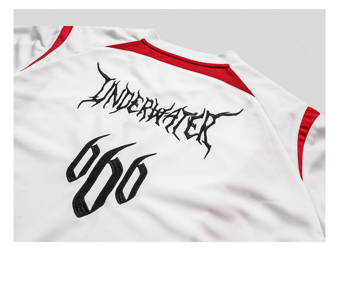 UNDERWATER White and Red Deconstructed Patchwork Embroidered Jersey Tee | Face 3 Face
