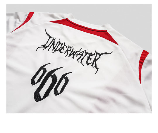 UNDERWATER White and Red Deconstructed Patchwork Embroidered Jersey Tee | Face 3 Face