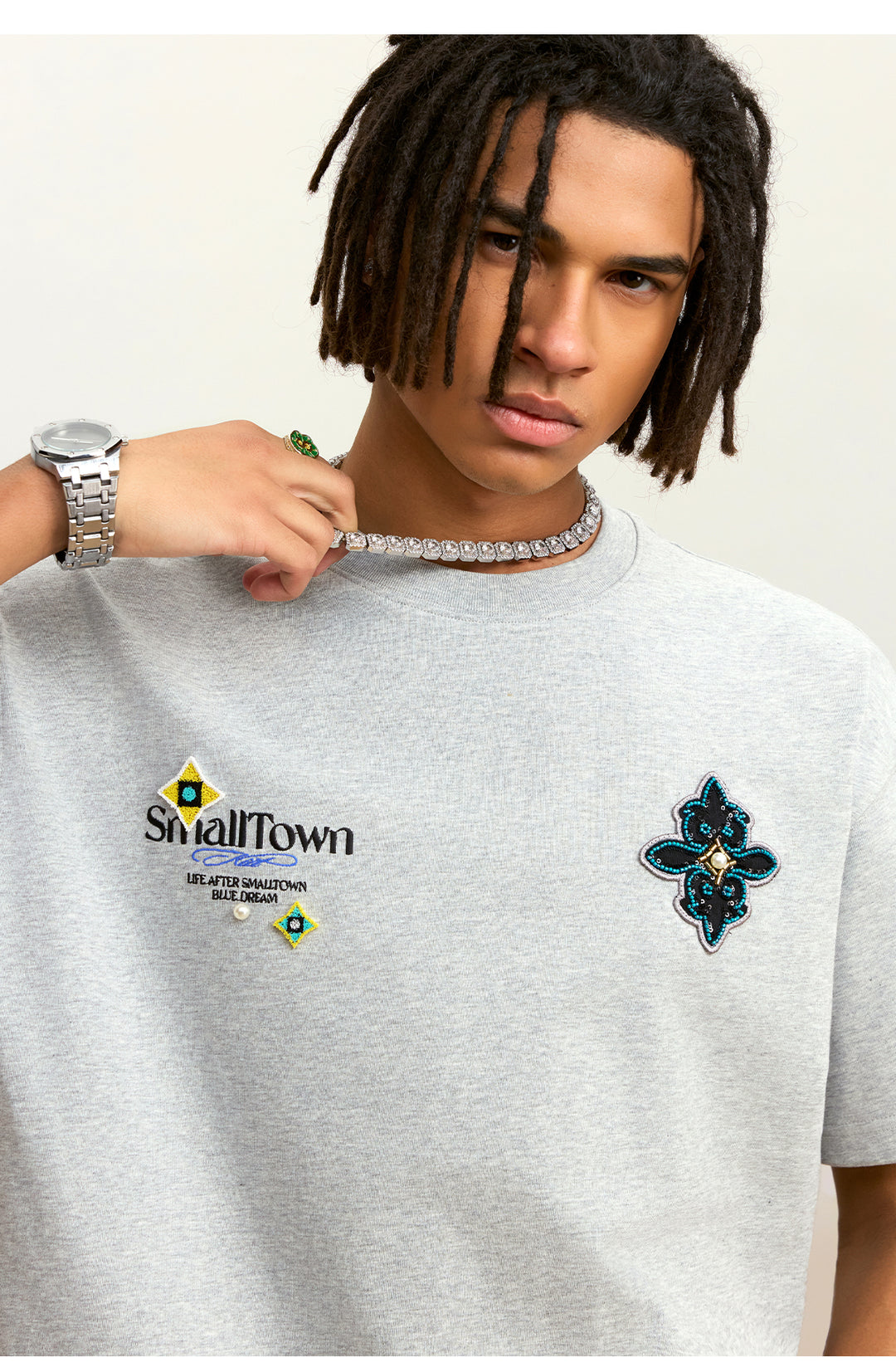 Small Town Kid Ethnic Patchwork Pearl Embellished Tee | Face 3 Face