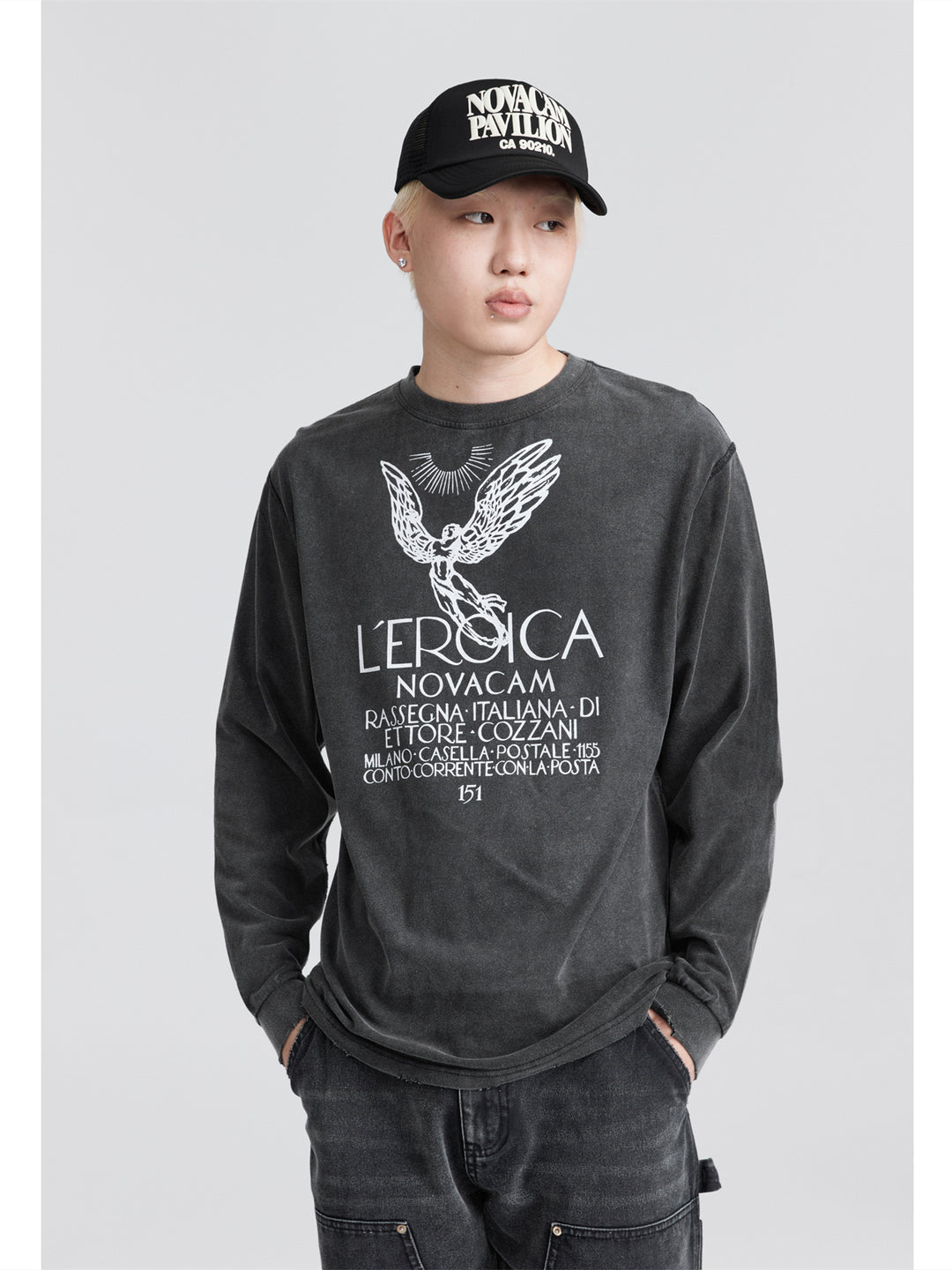 NOVACAM Angel Print Vintage Washed Backstitch Long Sleeve Tee | Face 3 Face