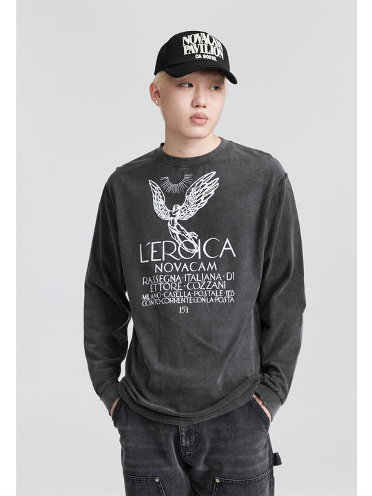 NOVACAM Angel Print Vintage Washed Backstitch Long Sleeve Tee | Face 3 Face