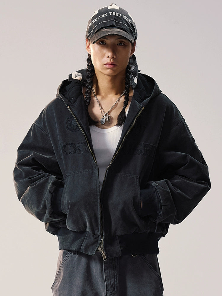 Remedy Embroidered Washed Hooded Bomber Jacket | Face 3 Face