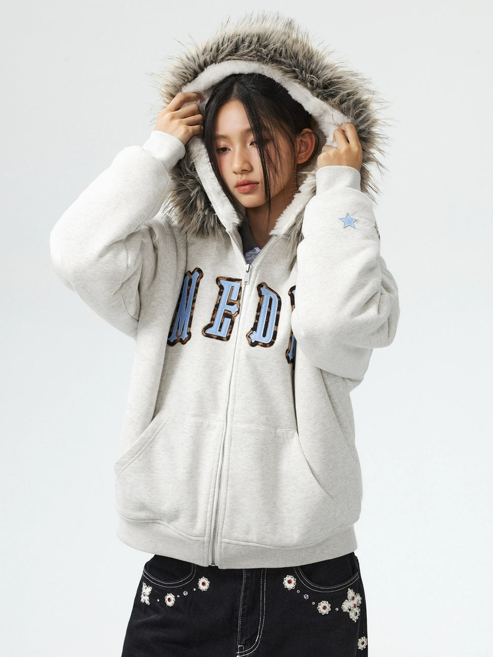 MEDM Faux Fur Lined Hooded Fur Zip Up Jacket | Face 3 Face