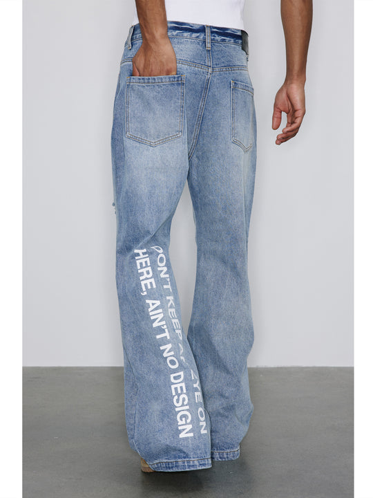 NOVACAM Washed Distressed Print Flared Jeans | Face 3 Face