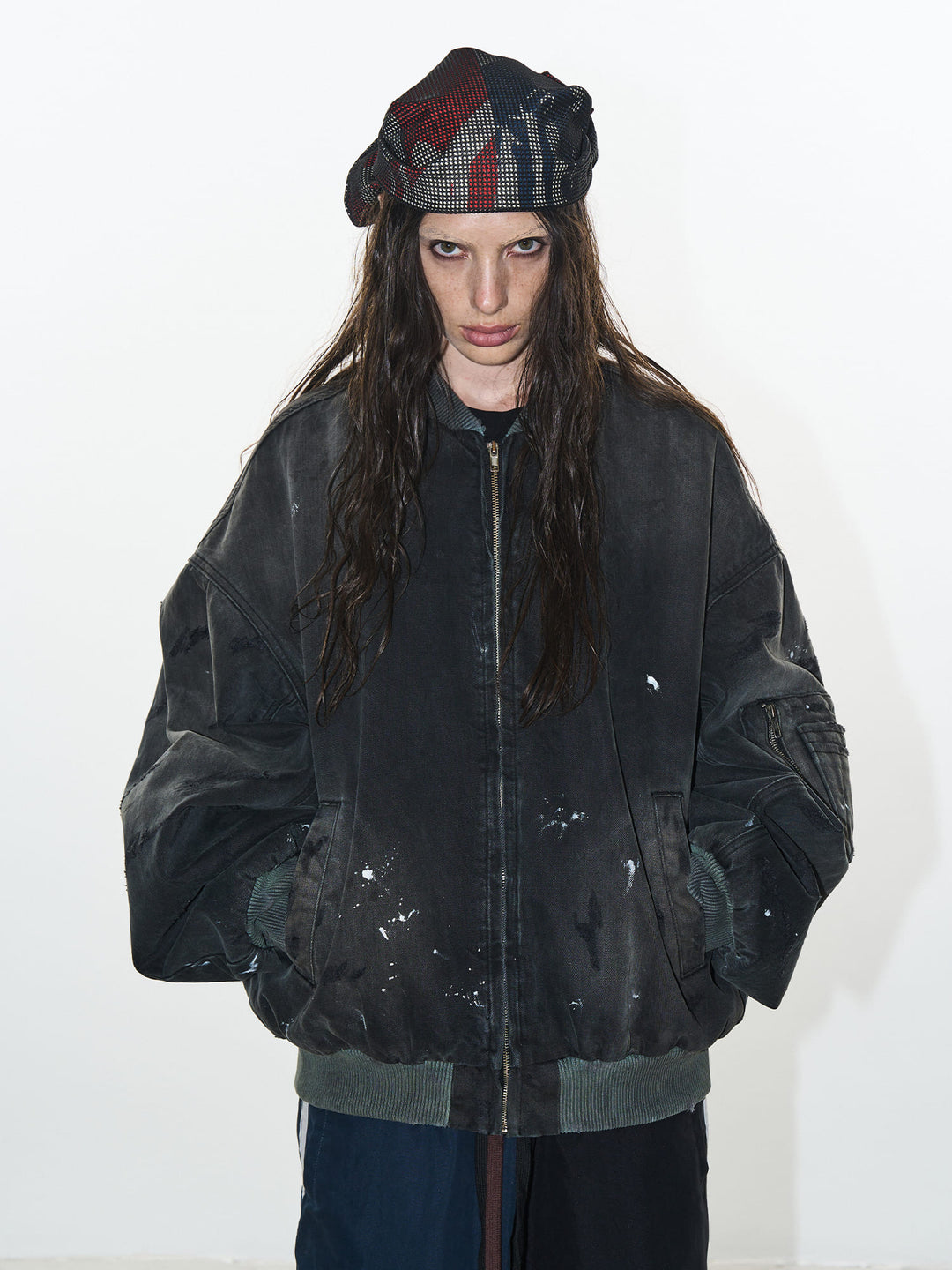 BLIND NO PLAN Washed and Distressed Ink Splattered MA-1 Bomber Jacket | Face 3 Face