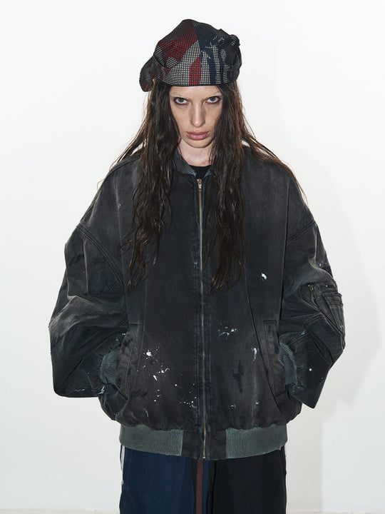 BLIND NO PLAN Washed and Distressed Ink Splattered MA-1 Bomber Jacket | Face 3 Face