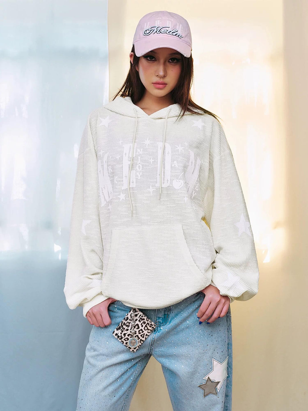 MEDM Star Logo Print Waffle Knit Hoodie | Face 3 Face