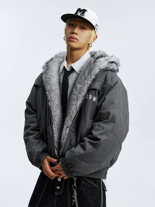 MEDM Fur Lined Washed Work Hooded Jacket | Face 3 Face