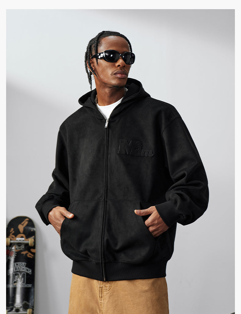 MEDM Suede Logo Patch Zip-Up Hoodie | Face 3 Face